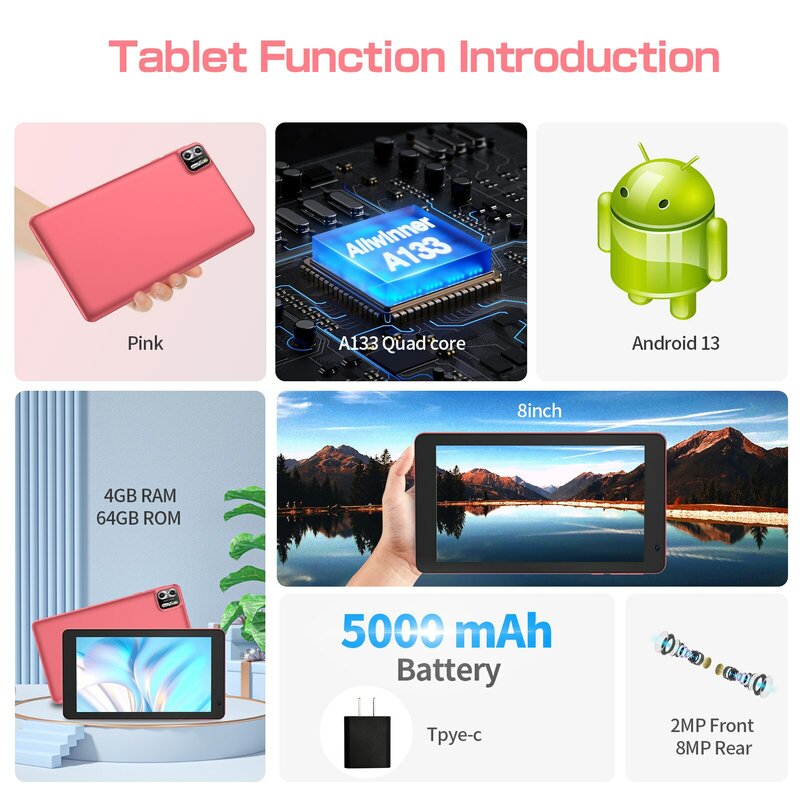 PRITOM Tablet 8 inci Android 13, 8GB(4 + 4 memperluas) RAM 64GB ROM,1TB memperluas, 1280x800 layar IPS baterai 5000MAH, kamera ganda, WiFi