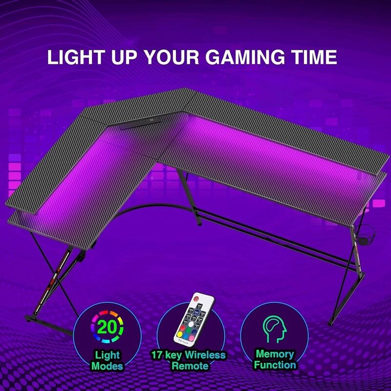 โต๊ะเล่นเกมรูปตัว L พร้อมไฟ LED และปลั๊กไฟโต๊ะคอมพิวเตอร์ขาตั้งจอ