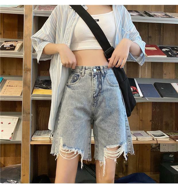 Shorts coreanos soltos e angustiados para mulheres, cintura alta, emagrecedor e versátil, perna reta, perna larga, jeans de cinco partes, verão