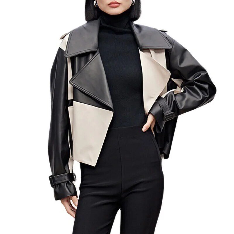 Moda 2023 nowa dama kurtki skórzane szachownica prawdziwej skóry owczej krótki płaszcz elegancki Streetwear AEL4938