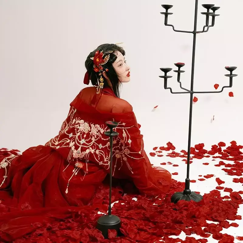Vestido Hanfu Chinês para Mulheres, Dinastia Tang, Hanfu Vermelho, Vestido de Noiva, Saia Antiga, Estampa Bordada Palácio, Conjunto Completo, Adulto