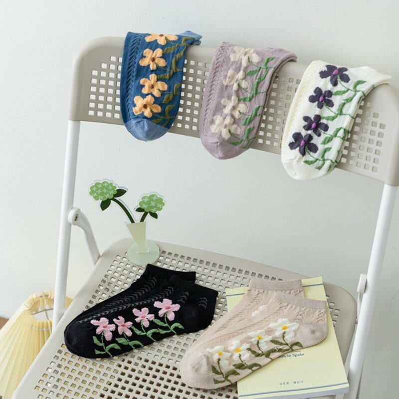 Socks Women's Cute Flower Fish Bone Pattern Cotton Socks Japanese Kawaii Women's No-show Socks Women's Short Socks I133