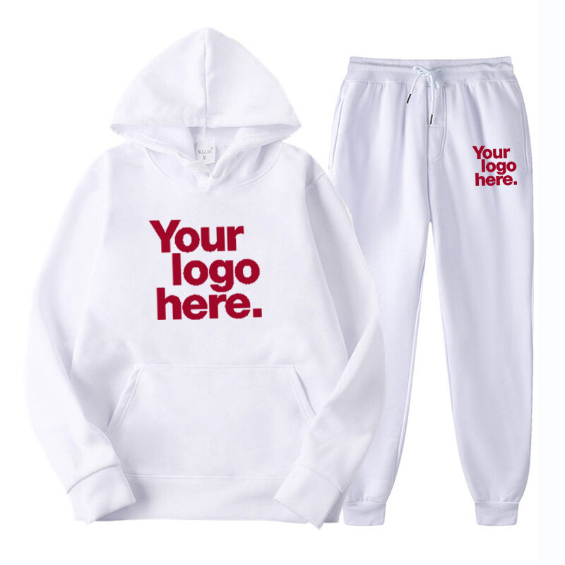 2023 Set Hoodie Pria DIY Desain Logo Anda Mode Bertudung Pakaian Olahraga Pria 2 Buah Pullover Hoodie + Celana Olahraga