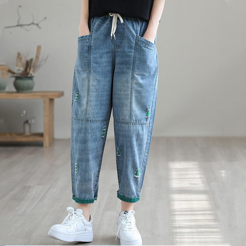 Jeans Harem Panjang Pergelangan Kaki Longgar Sambungan Robek Celana Denim Pinggang Tinggi Elastis Wanita Celana Panjang Biru Vaveros Kasual Pantalon Korea
