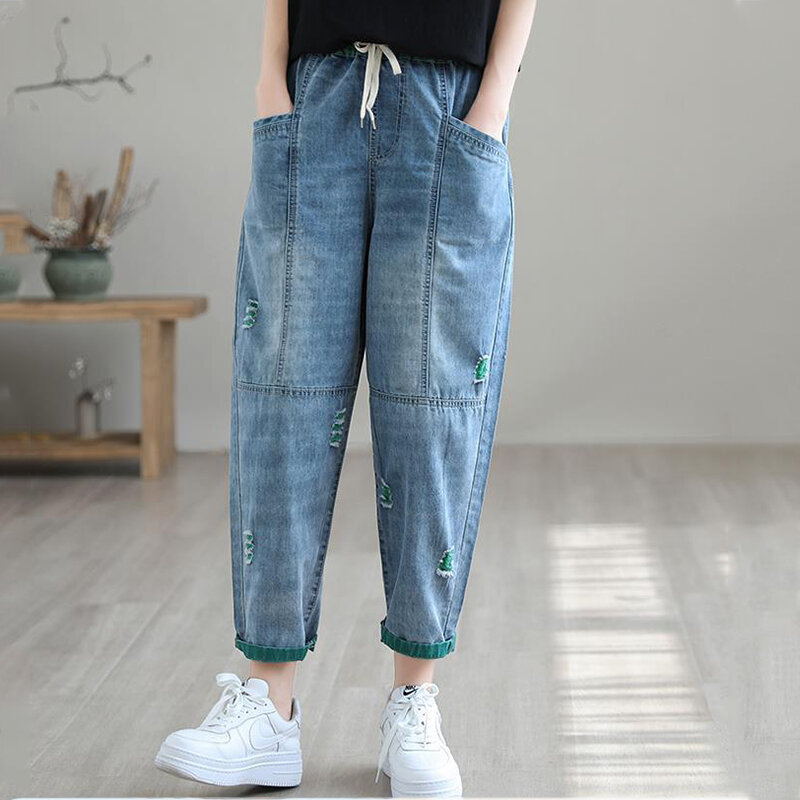 Ripped Splice Baggy Enkellange Harem Jeans Vrouwen Elastische Hoge Taille Denim Pant Casual Vaqueros Blauwe Broek Koreaanse Pantalones