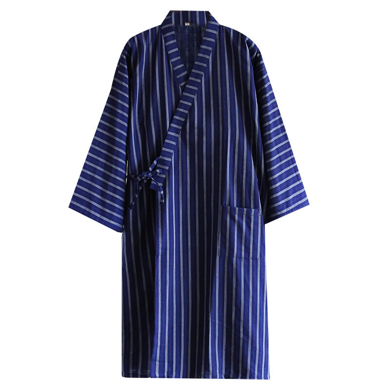 Japanese Men's Striped Print Kimono Robe Pajamas Men's Cotton Gauze Cotton Robe Yukata Bathrobe