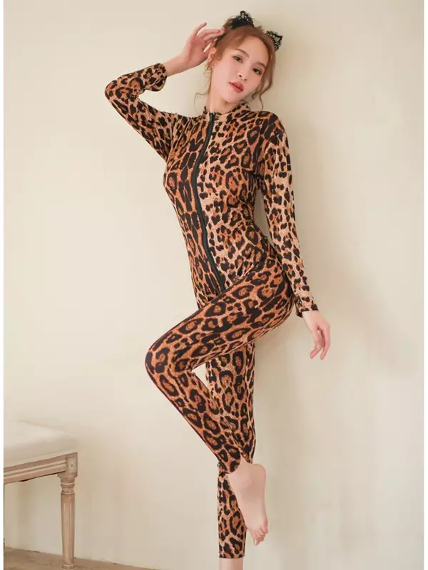 Zwei-Wege-Reiß verschluss Bodysuit Strumpfhose mit offenem Schritt Cosplay Leopard Catsuit sexy Jumps uit Trikot verbunden Clubwear Dessous Body Unitard