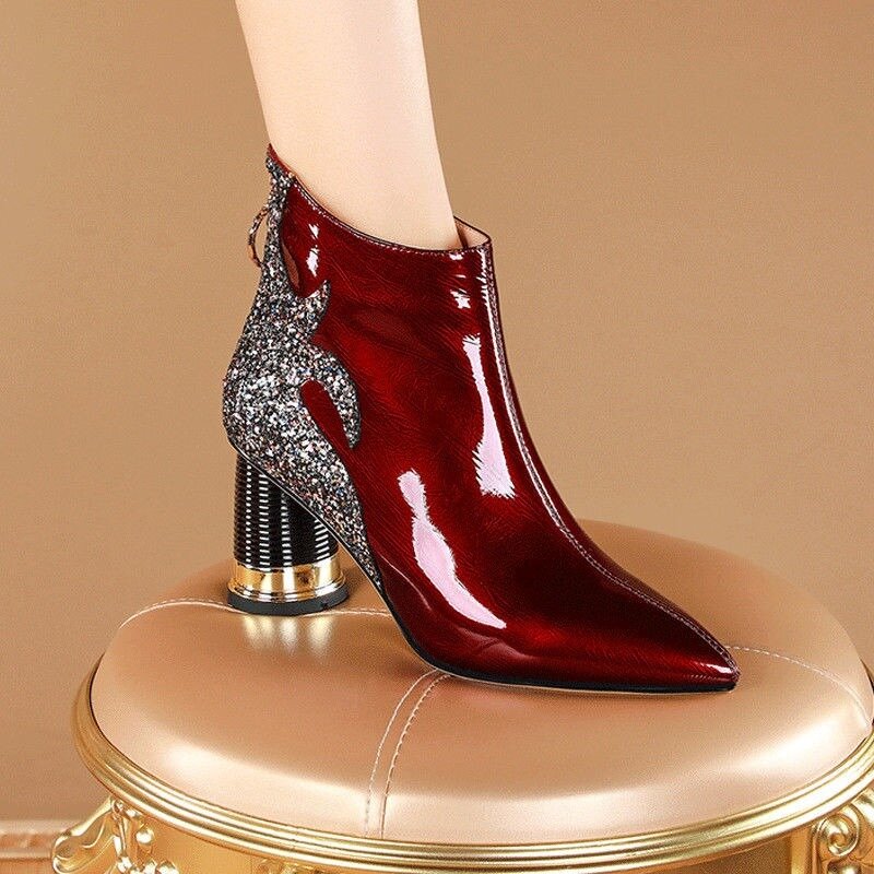 Wysokiej jakości buty damskie 2023 błyszczące cekinowe damskie buty na wysokim obcasie seksowne spiczaste botki Comfor masywny obcas biurowy buty damskie