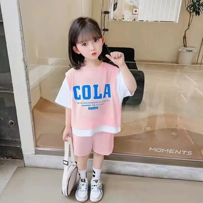 Setelan kaus anak perempuan, setelan baju 2 potong warna kontras lengan pendek remaja wanita gaya Korea kasual musim panas 2024