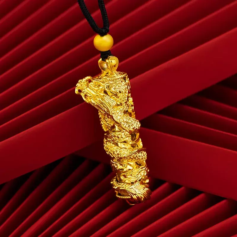 Men's 24K Gold Plated Chinese Loong Column Pendant Vietnam Sand Gold Plate Dragon Column Cylindrical Large Pendant For Men Gift