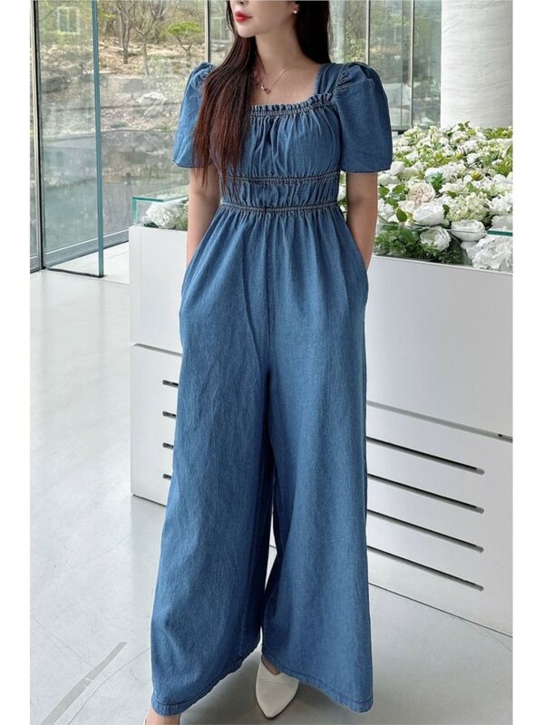 Macacão jeans de gola quadrada feminino, macacão plissado feminino, longo, perna larga, solto, estilo coreano, moda verão