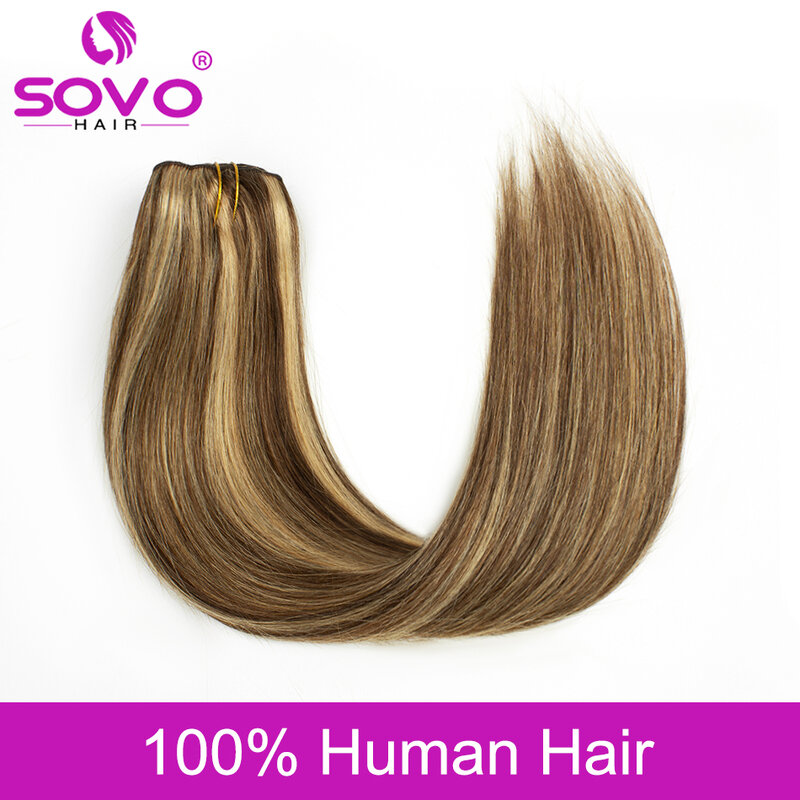 Clip In Human Hair Extensions Straight Natural Light Brown Honey Ombre Balayage Black Hair 7 Pieces For Women Clip-in Full Head