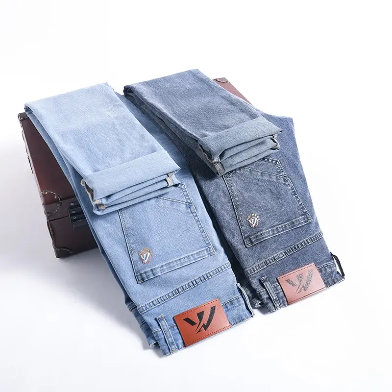 2024 Business Stretch Denim Pants Male Slim Straight Classic Style Summer Men's Light Blue Thin Breathable Jeans  Trousers