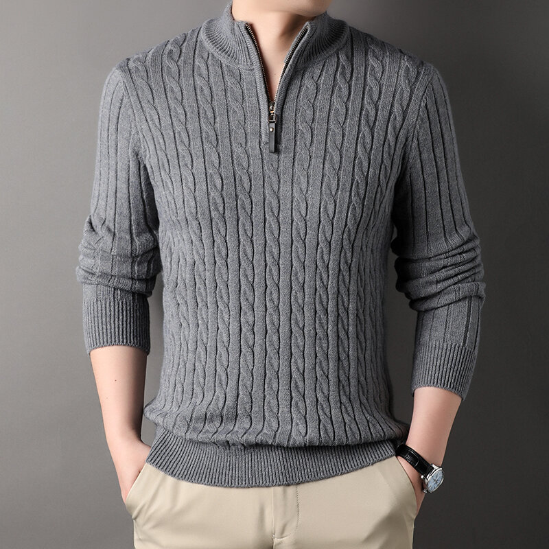 Suéter de cuello alto con cremallera para hombre, Jersey informal ajustado de punto, Polo de cuello simulado, invierno, 2023