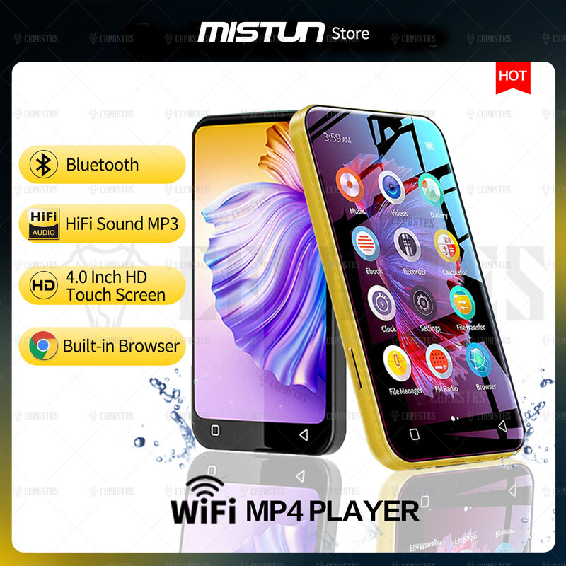 Android MP4 Bluetooth MP3 Player, Full Touch ISP Screen, HiFi Sound, Leitor de música, FM, Gravador, Web, Suporte Max 512G, Wi-Fi, 4.0"
