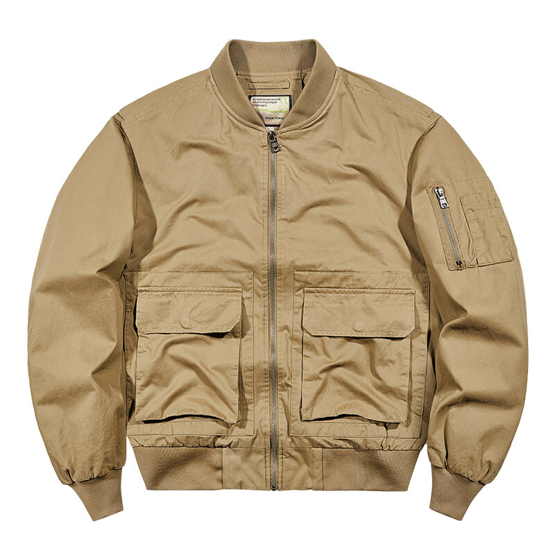 남성용 방풍 비행 재킷, 멀티 포켓 전술 스탠드 업 넥 코트, 단색 야구 코트, 용수철 및 가을 패션