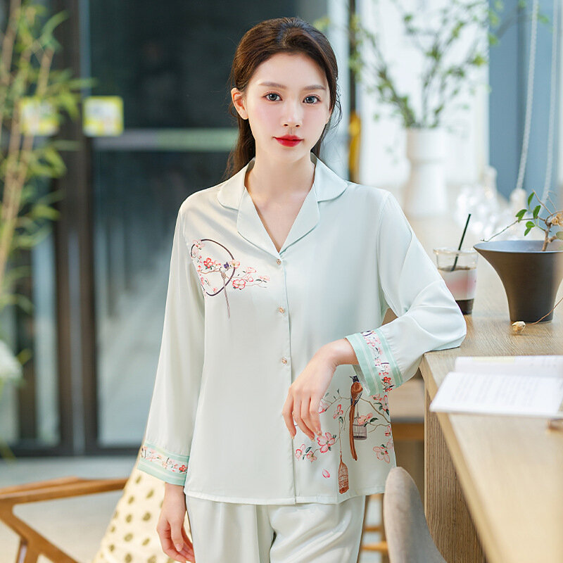 Conjunto de pijamas simples e fresco, cardigã feminino de seda gelo de alta qualidade, roupa para casa retrô, estilo chinês, novo, primavera e outono