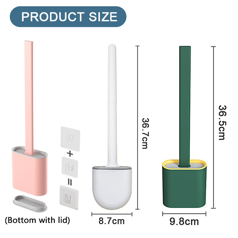 Brosse de Toilette en Silicone sans Fréquence, Tête Plate, Poils Souples et Flexibles avec Support