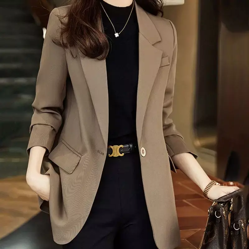 Blazer chique coreano feminino, terno preto, jaqueta de manga comprida, casaco feminino do escritório, blazer fino, monocromático, novo, outono