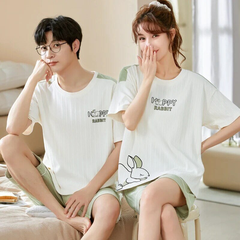 Korean Cotton Nightwear For Couples Soft Sleepwear Men and Women Sweet Pajamas Shorts Set Summer pijama hombres para mujer