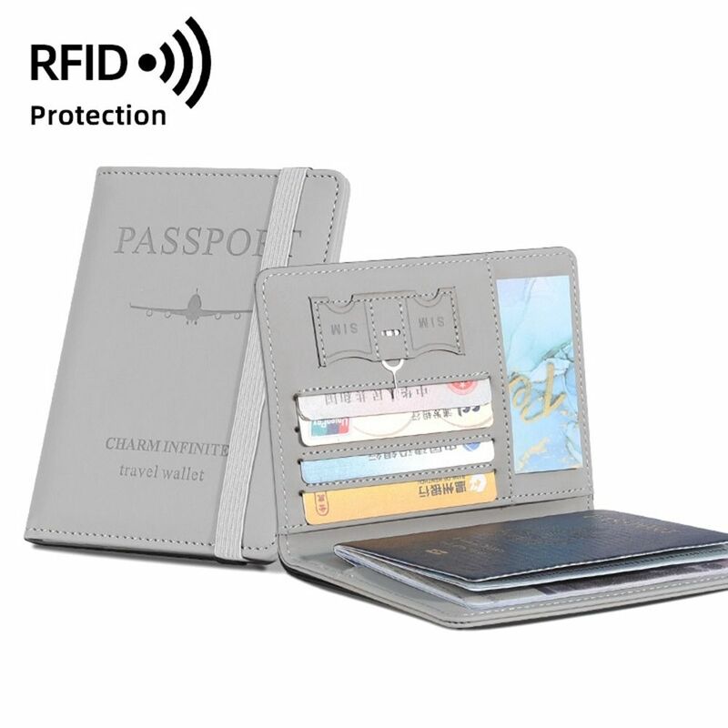 Titular do passaporte do couro do plutônio com certificado do RFID, carteira do curso, saco do armazenamento, documento da identificação e grampo do cartão do crédito