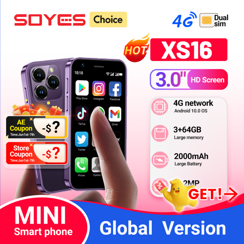 SOYES-Smartphone XS16 Mini, 4G, LTE, Android 10,0, 3GB de RAM, 64GB de ROM, pantalla de 3 ", cámara de 5MP, SIM Dual, Play Store, WhatsAPP