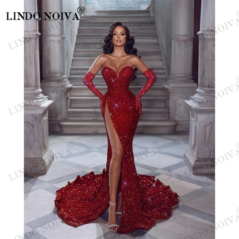 LINDO NOIVA Red Sequin Prom Dresses with Gloves Sweetheart High Slit Formal Occasion Dress Midle East Birthday Gown Robe