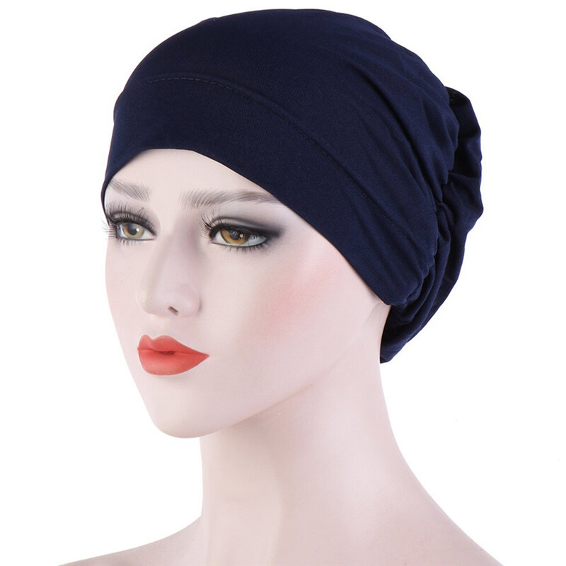 Topi Turban wanita, tutup kepala bungkus dengan kancing jilbab, dalaman Hijab warna Solid, kerudung Muslim untuk perempuan