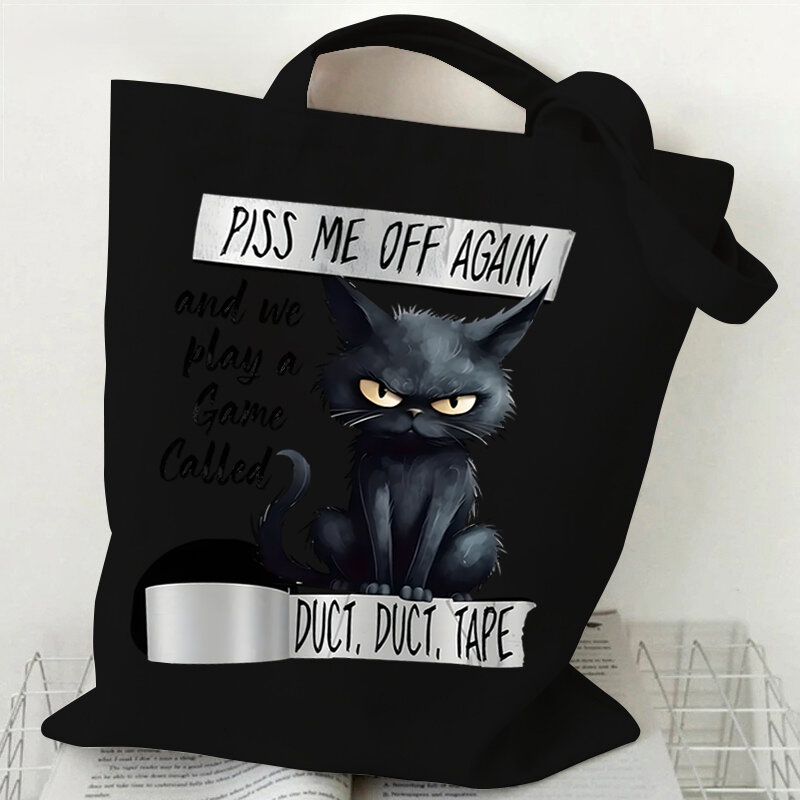 Life Is Better with Cats & Books Canvas Tote Bag Women Cute Cat Shopping Bags Student Literary Book Shoulder Bag Cartoon Handbag