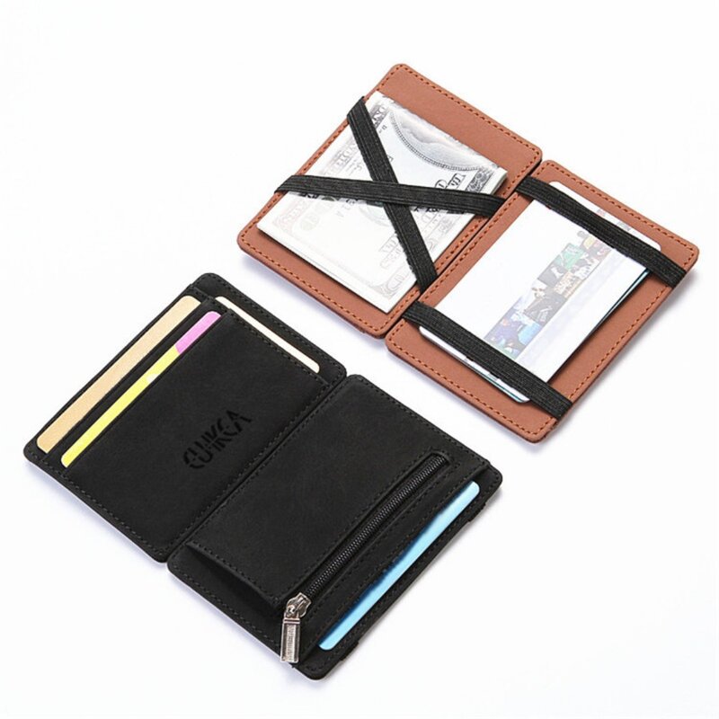 Fashion Magic Folding With Zipper Card Case Money Purses Pouch Leather Wallet Coin Card Holder