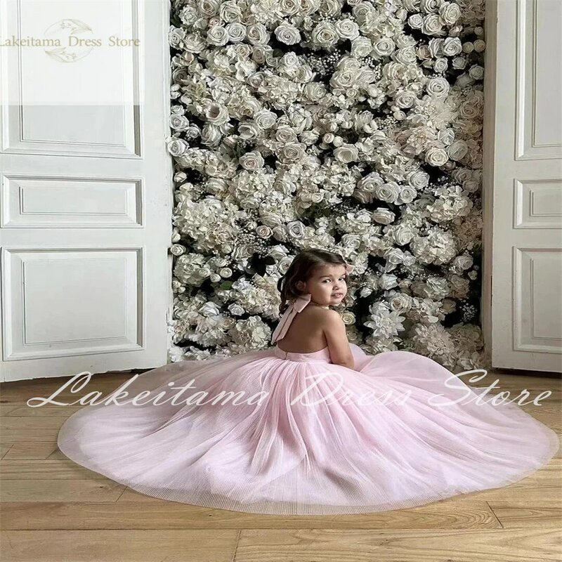 Розовое платье для девочки с цветами на свадьбу, Тюлевое Пышное Платье без рукавов с открытой спиной, милое детское платье для первого эухаристического дня рождения принцессы