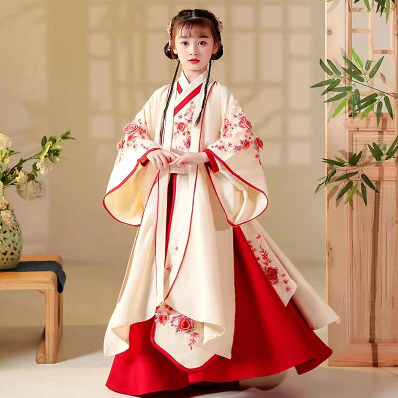 소녀용 당나라 코스튬 중국 전통 의상, 빨간 꽃 프린트, 귀여운 치마, 중국 고대 스타일, 2024 년 신년