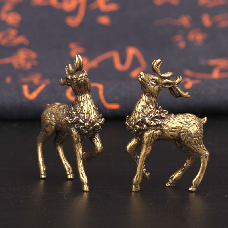 Pure Copper Deer Escultura Ornamentos, Latão Maciço, Sika Miniature Figurinhas, Sorte Feng Shui Artesanato, Decorações de Mesa, 2Pcs