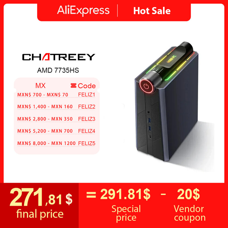 Chatreey AM08 PC Mini AMD Ryzen 7 7735HS 680M 8 Core, komputer pencahayaan warna-warni untuk Gaming Desktop NVME SSD Wifi6 BT 5.0