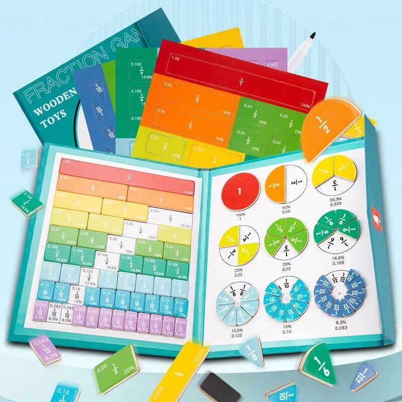 ألعاب الرياضيات لتعلم الكسور المغناطيسية للأطفال ، كتاب الكسور الخشبي ، تعليم الحساب ، لعبة تعليمية