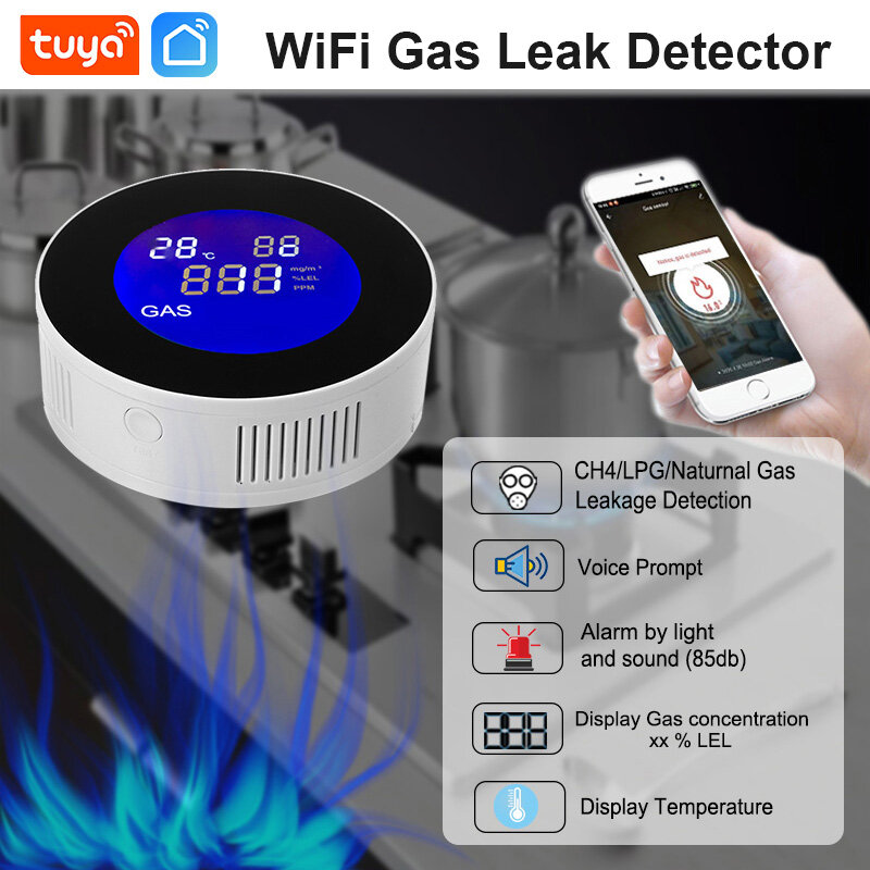 WiFi Tuya App funzione cucina Gas naturale sensore di allarme perdite temperatura LCD Display digitale sirena sonora rilevatore di combustibili