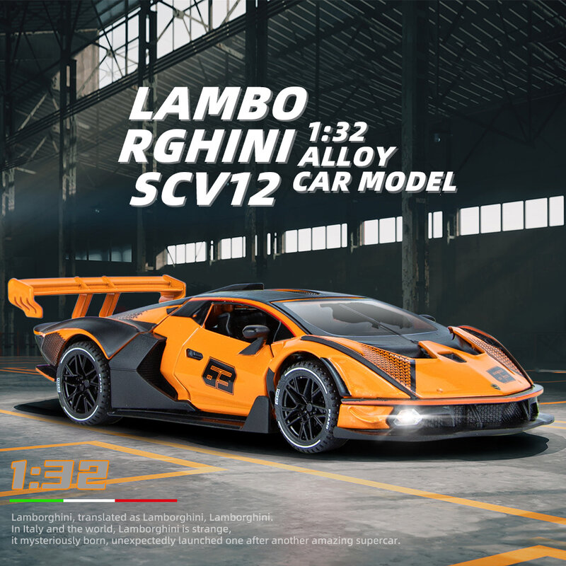 Lamborghini SCV12 High Simulation Diecast Metal Alloy Model Car, Som e Luz, Pull Back Collection, Kids Toy Presentes, A542, 1:32