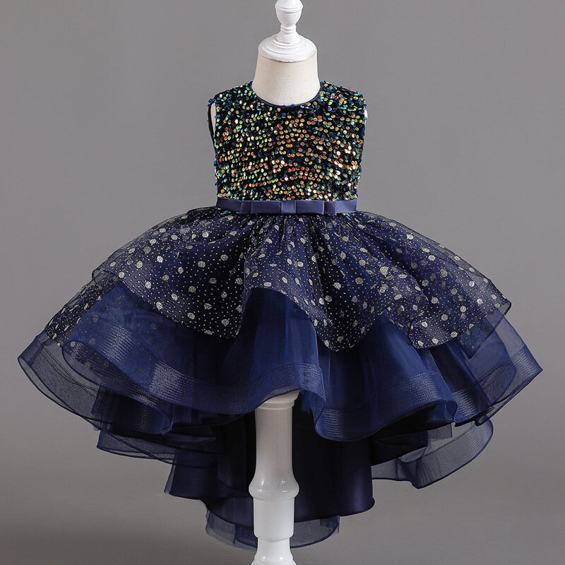 Children's Princess Dress Flower Girl Pompon trailing dress girl catwalk piano dinner dress