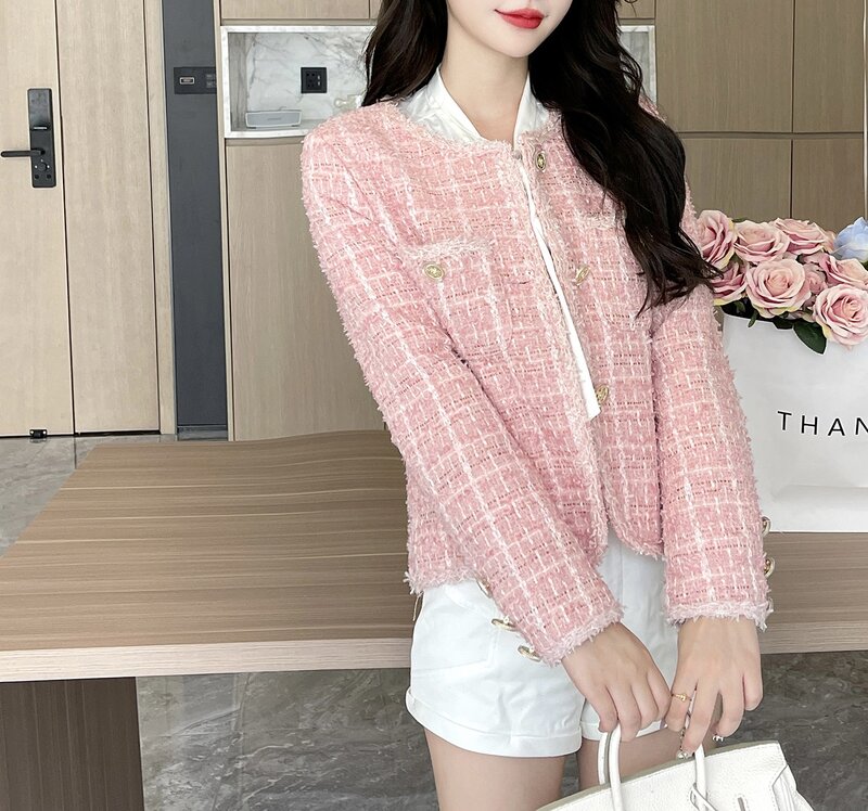 2023 Pink Spring and Autumn Dress Small Fragrant Rough Tweed Coat Design Sense Women's New Academy Style Celebrity Coat