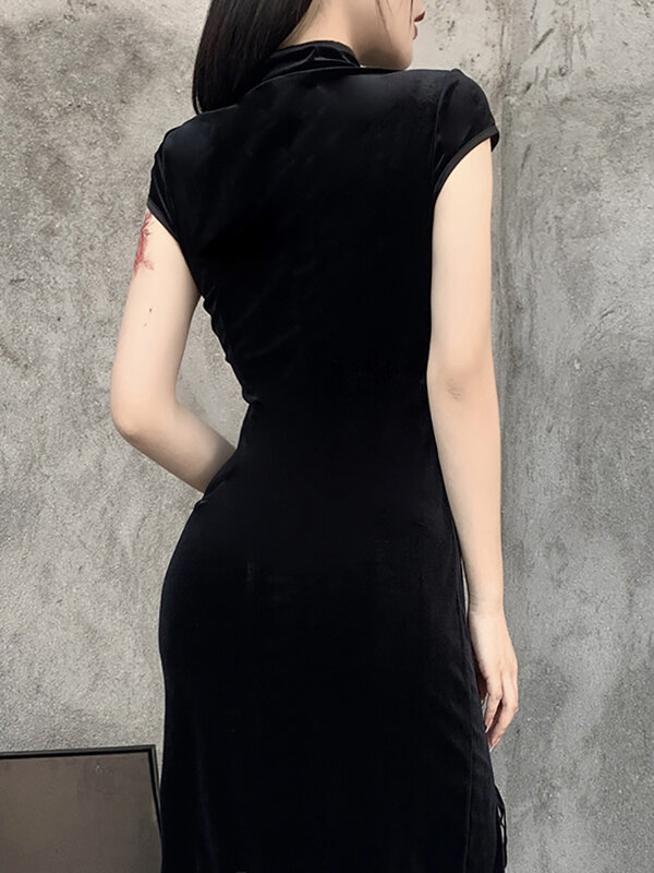 Vestido gótico oscuro y romántico de terciopelo para mujer, ropa de noche Sexy, Cheongsam, Vintage, negro