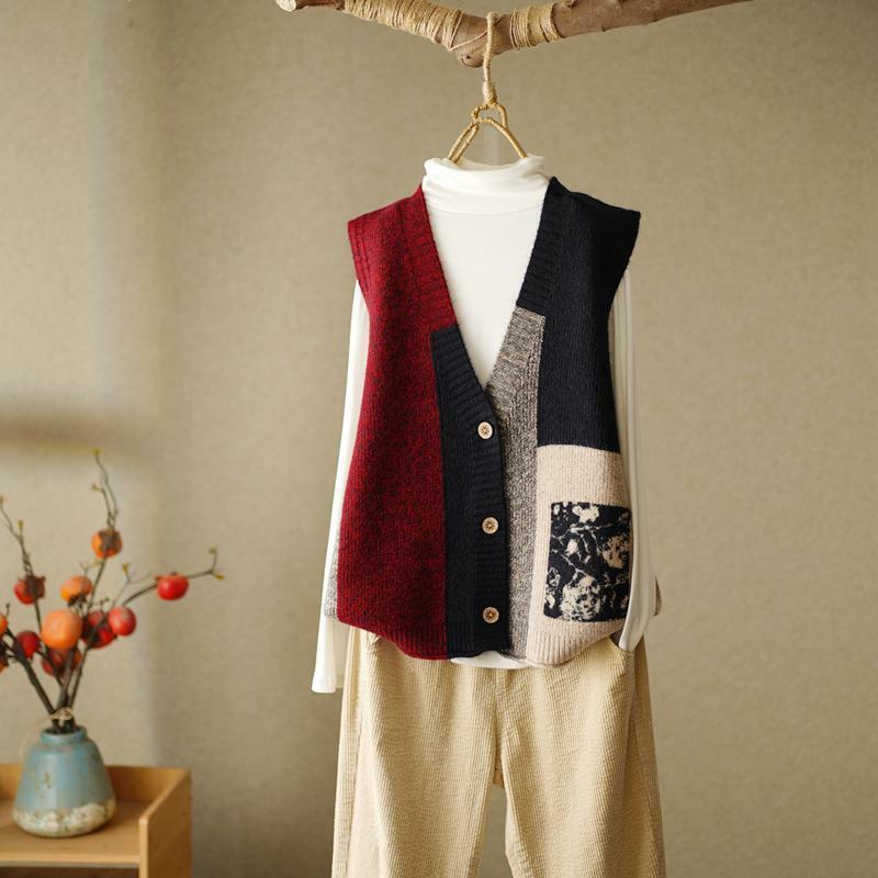 Осенние женские винтажные свитера со вставками, жилеты, кардиганы на пуговицах, вязаный модный Свободный Повседневный свитер без рукавов с V-образным вырезом, пальто 2022
