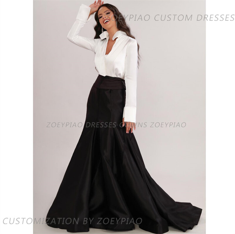 Modern Black/White A Line Long Satin Prom Dresses High Neck  Evening Gowns Arabic Women Formal Event Party Dress Elegant