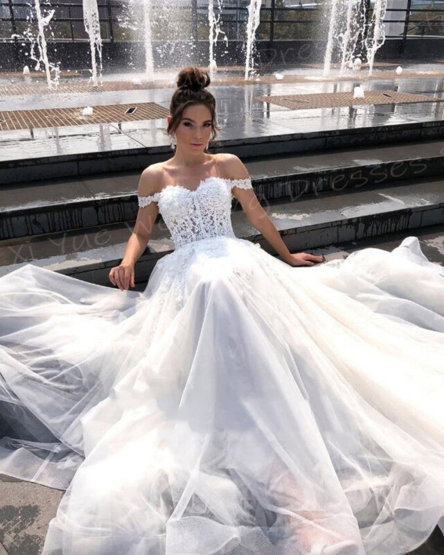 Boho Graceful Sweetheart A Line Women's Wedding Dresses Lace Appliques Bride Gowns Charming Off The Shoulder فساتين حفلات الزفاف