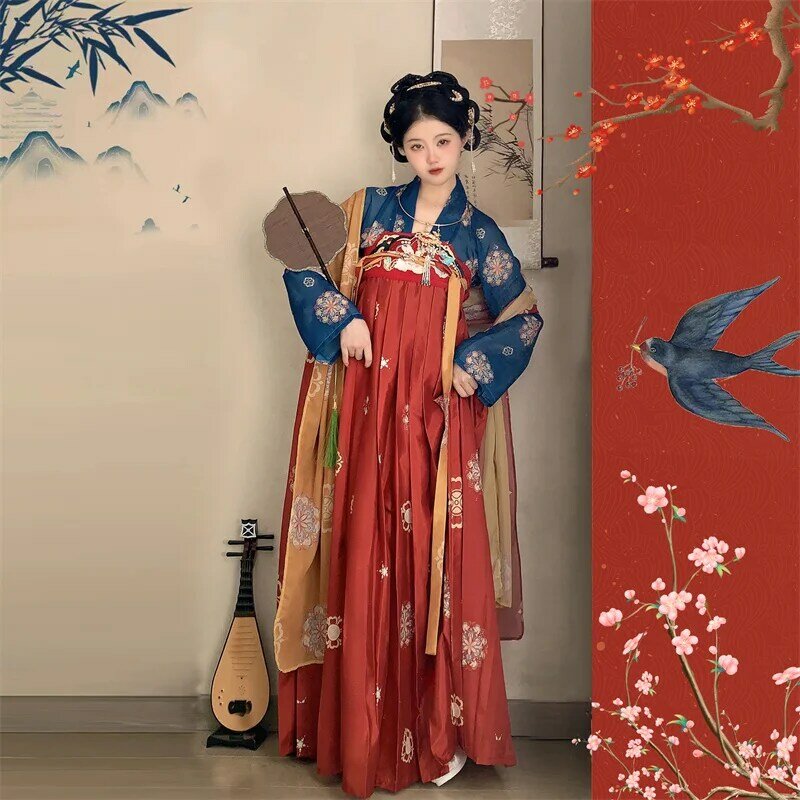 Hanfu ชุดเจ้าหญิงฮาโลวีนแบบจีนโบราณสำหรับผู้หญิงชุดการแสดงบนเวทีพิมพ์ลายดอกไม้