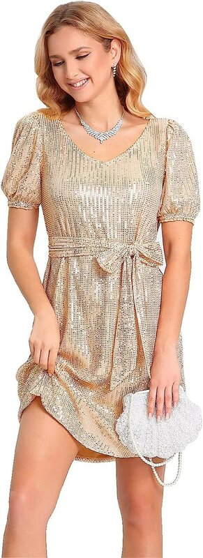 Casual Sparkly Women Short Party Dress Sexy V-neck Sequins Cocktail Prom Gowns With Belt Fashion Ladies Birthday Evening Dresses