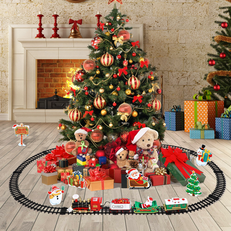 Electric Christmas Train Model, Railway Tracks Toy, Sound and Light, Powered for Kids, Birthday Party Gift