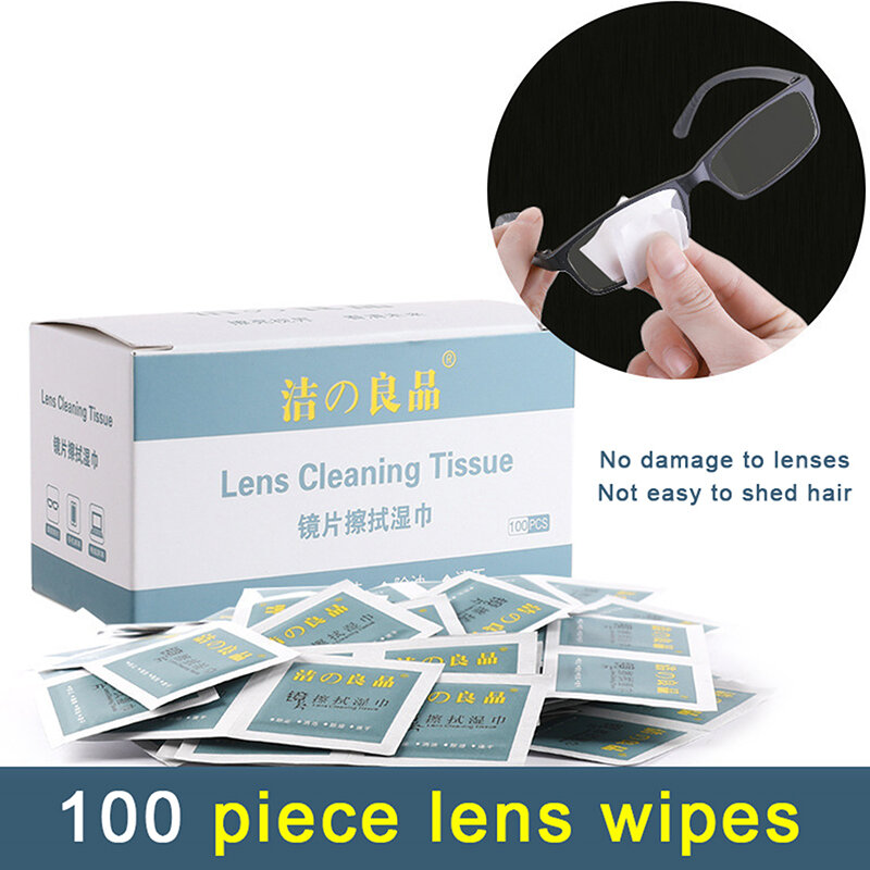 Papel de limpeza descartável Lens, Óculos Toalha Molhada, Óculos Cloth Wipe, Mobile Phone Screen Defog, 100 Pcs