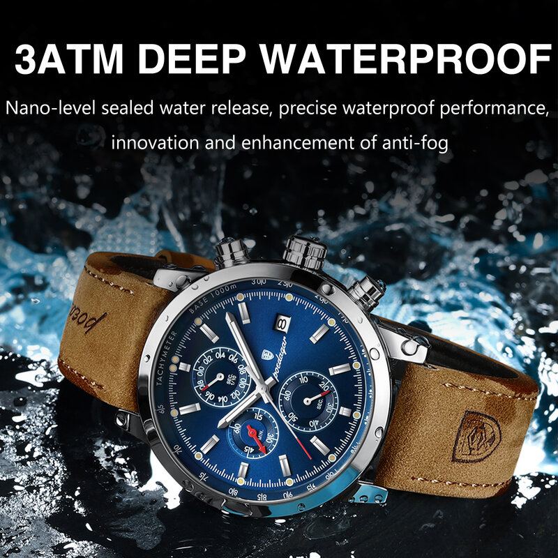 POEDAGAR-reloj de pulsera de lujo para hombre, cronógrafo luminoso, resistente al agua, con fecha, deportivo, de cuero, de cuarzo