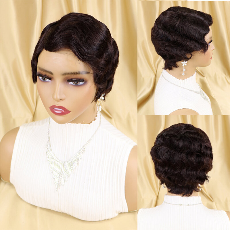 Pixie corte peruca de cabelo humano para mulheres, curto, onda de dedo, ombre, brasileiro, oceano, máquina completa feita, glueless