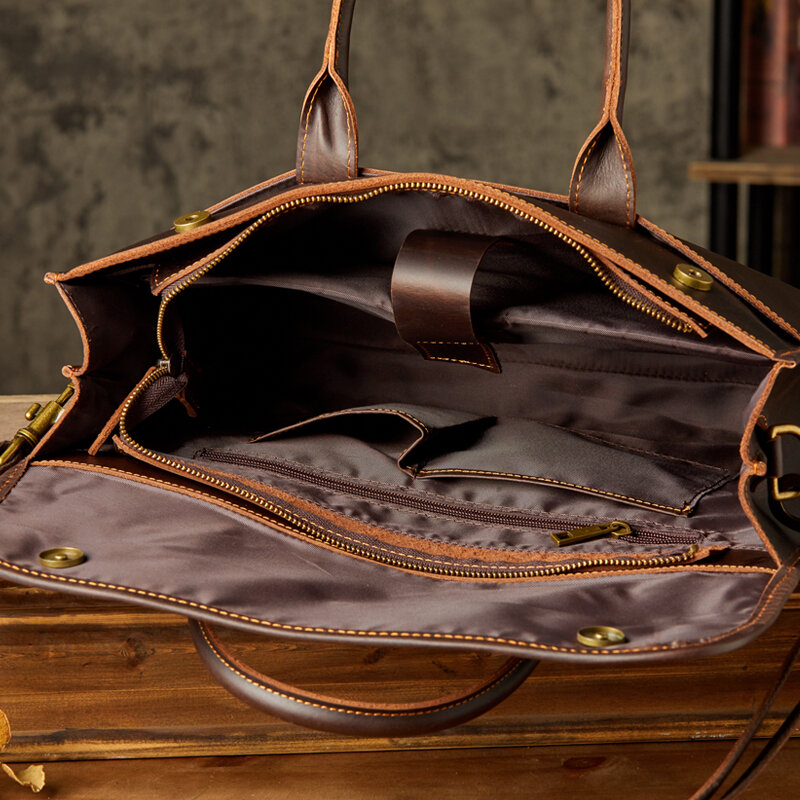 Retro Crazy Horse Leather Handbag For Men Handmade Vintage Genuine Leather Shoulder Bag Cowhide Cross body Bag Laptop Briefcase